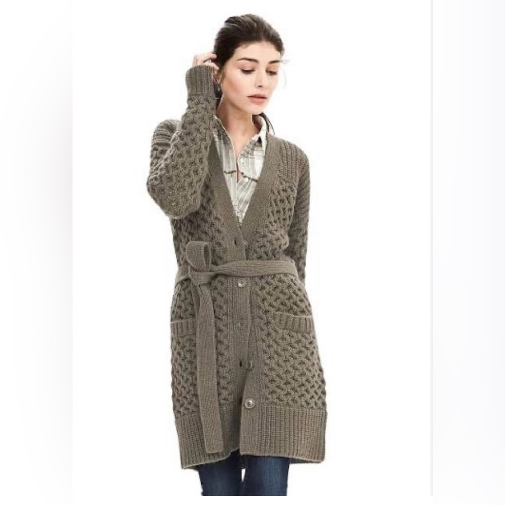 Banana Republic Cable Knit Belted Long Cardigan in Color Tigers Eye